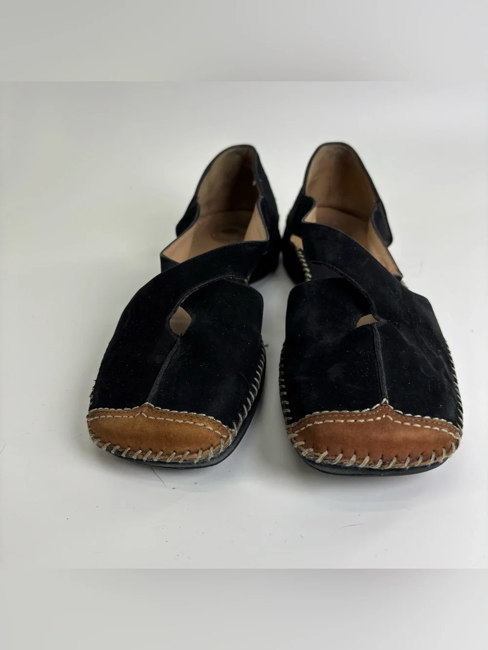 Nurture Charlie black suede flats 9.5 tan toe comfort walking square toe